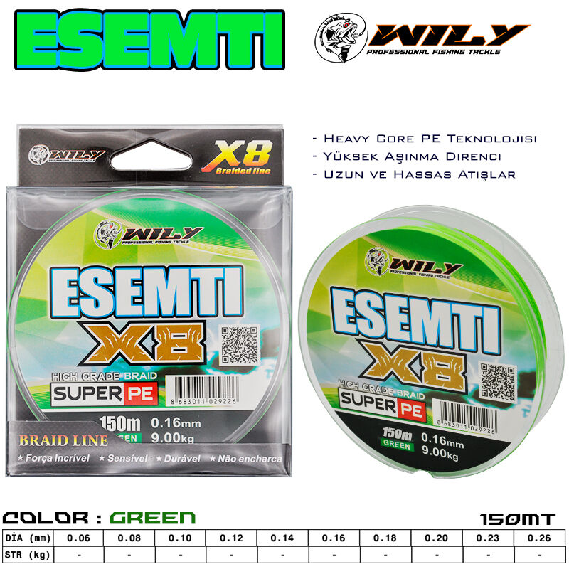 Wily Esemti 8 Kat İp Misina 150 mt Yeşil